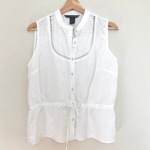 Saint Tropez West White 100% Linen Eyelet Embroidered Sleeveless Blouse Top M